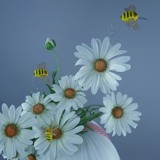 "Picnic" Red Gingham, White Daisy & Bees Headdress