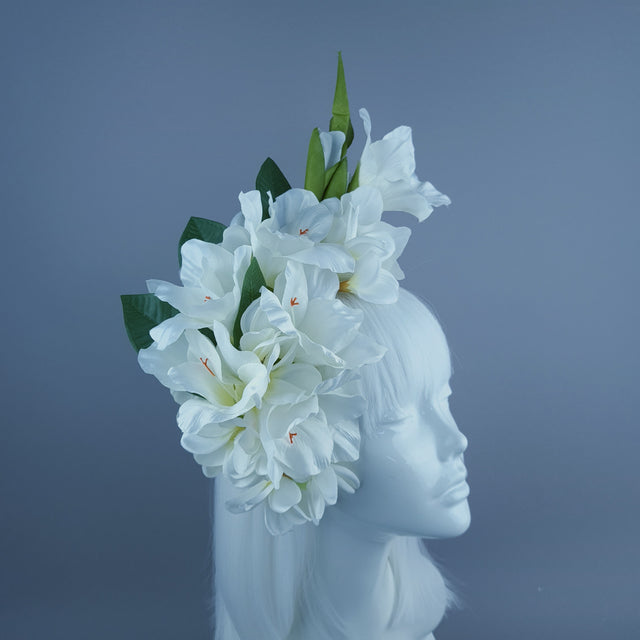 "Zuri" White Gladioli & Frangipani Headdress