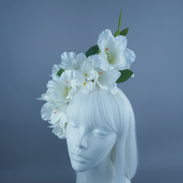 "Zuri" White Gladioli & Frangipani Headdress