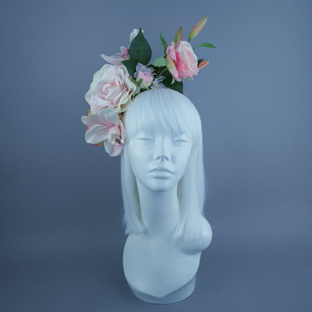 "Urva" Pink/Coral Rose & Flower Headdress