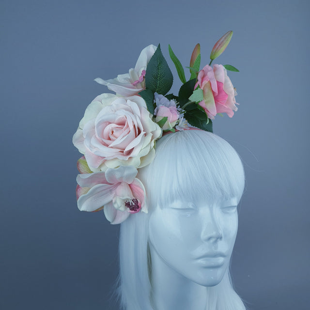 "Urva" Pink/Coral Rose & Flower Headdress