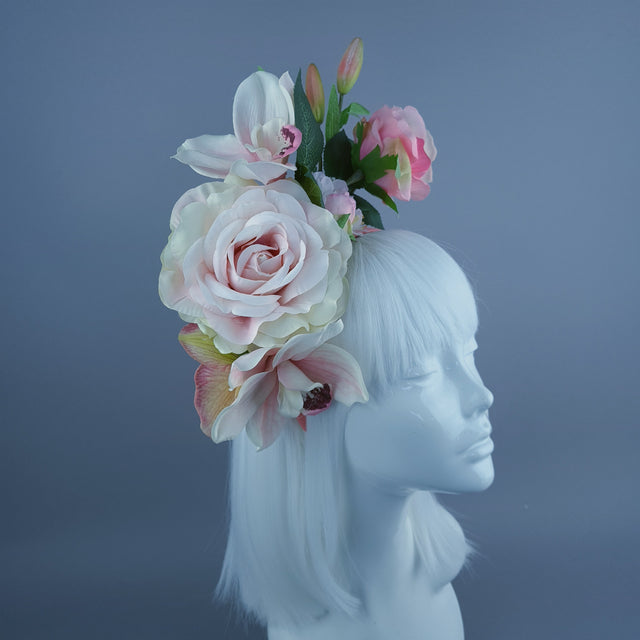 "Urva" Pink/Coral Rose & Flower Headdress