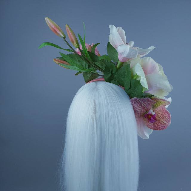 "Urva" Pink/Coral Rose & Flower Headdress