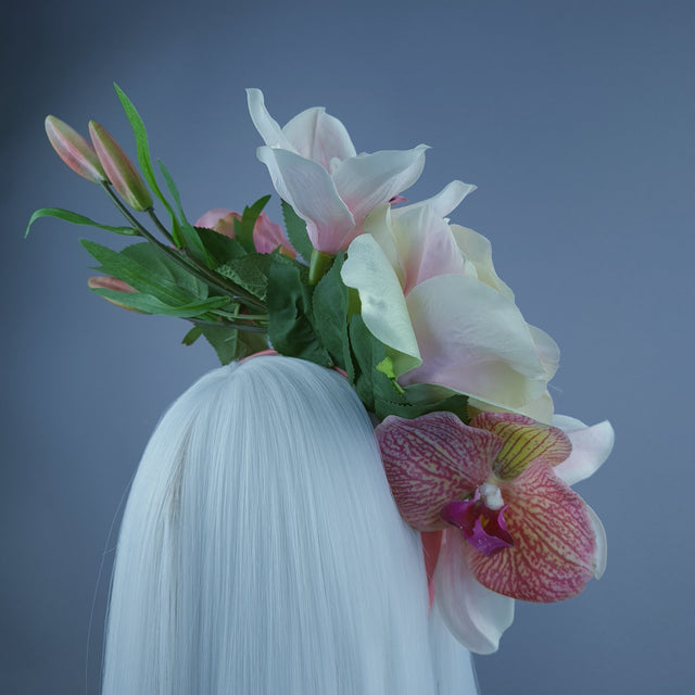 "Urva" Pink/Coral Rose & Flower Headdress
