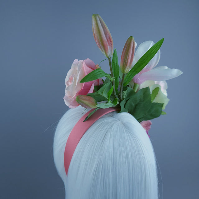"Urva" Pink/Coral Rose & Flower Headdress