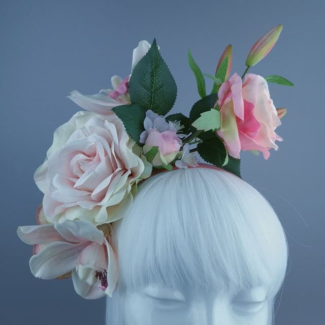 "Urva" Pink/Coral Rose & Flower Headdress