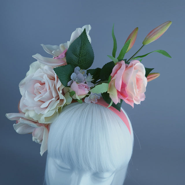 "Urva" Pink/Coral Rose & Flower Headdress