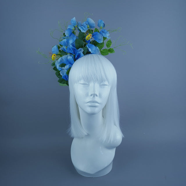 "Rainn" Blue Gingham, Sweet Peas & Bees Headdress