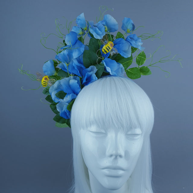 "Rainn" Blue Gingham, Sweet Peas & Bees Headdress