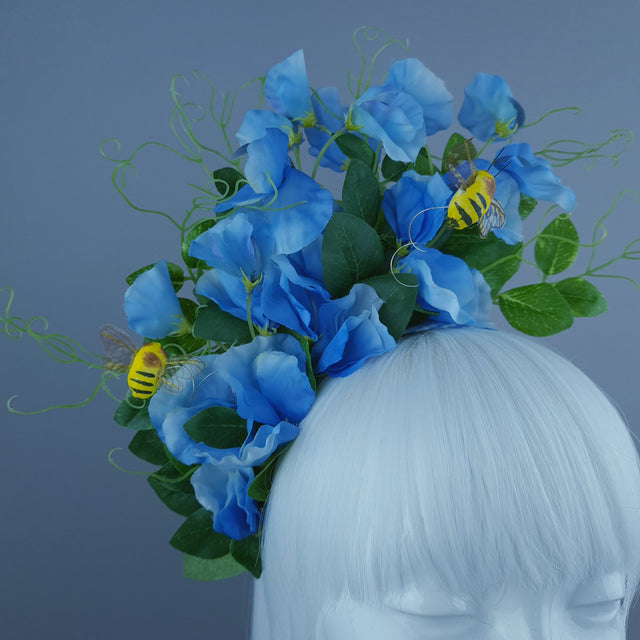 "Rainn" Blue Gingham, Sweet Peas & Bees Headdress