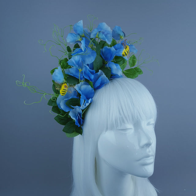 "Rainn" Blue Gingham, Sweet Peas & Bees Headdress