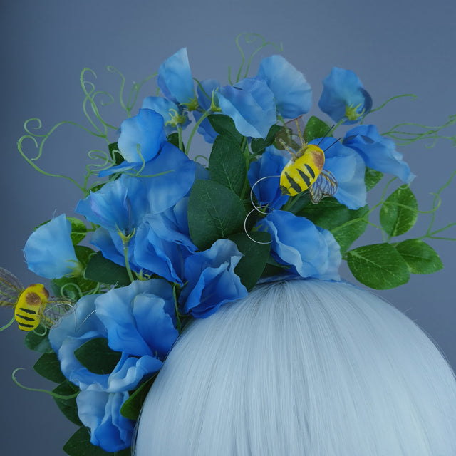"Rainn" Blue Gingham, Sweet Peas & Bees Headdress