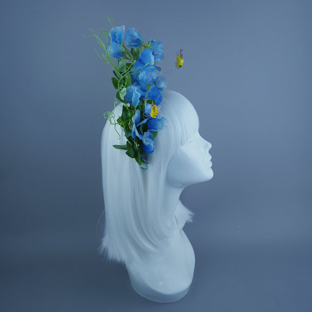 "Rainn" Blue Gingham, Sweet Peas & Bees Headdress