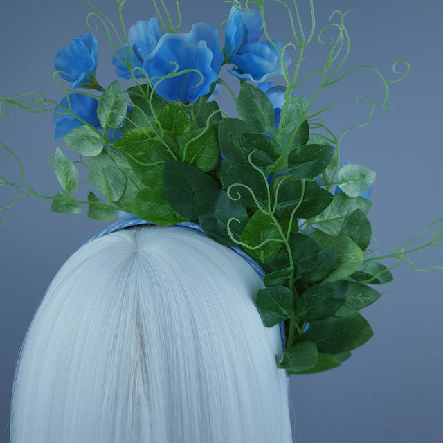 "Rainn" Blue Gingham, Sweet Peas & Bees Headdress