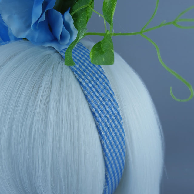 "Rainn" Blue Gingham, Sweet Peas & Bees Headdress