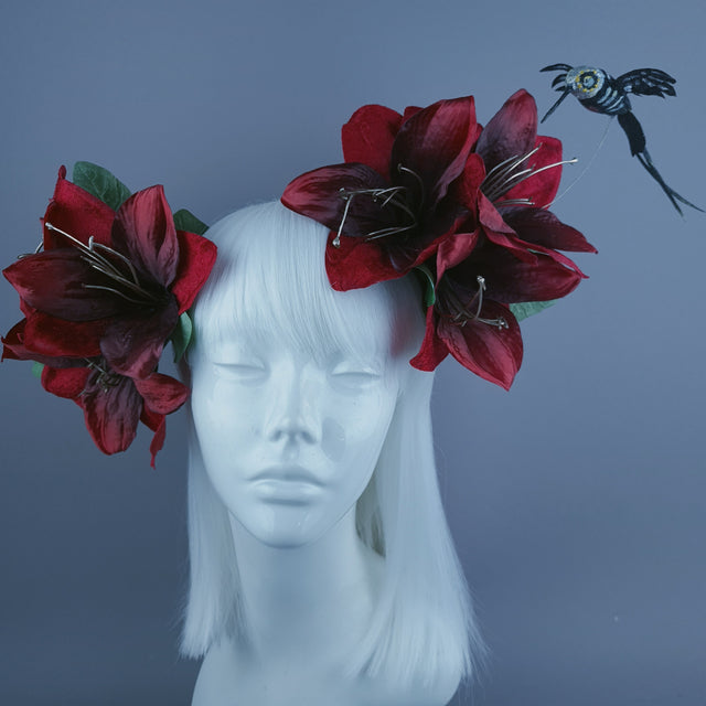 "Ascelin" Black Hummingbird & Red Flower Headdress