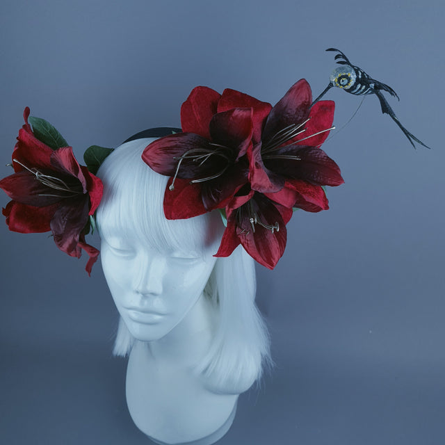 "Ascelin" Black Hummingbird & Red Flower Headdress