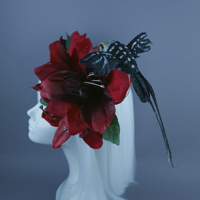 "Ascelin" Black Hummingbird & Red Flower Headdress