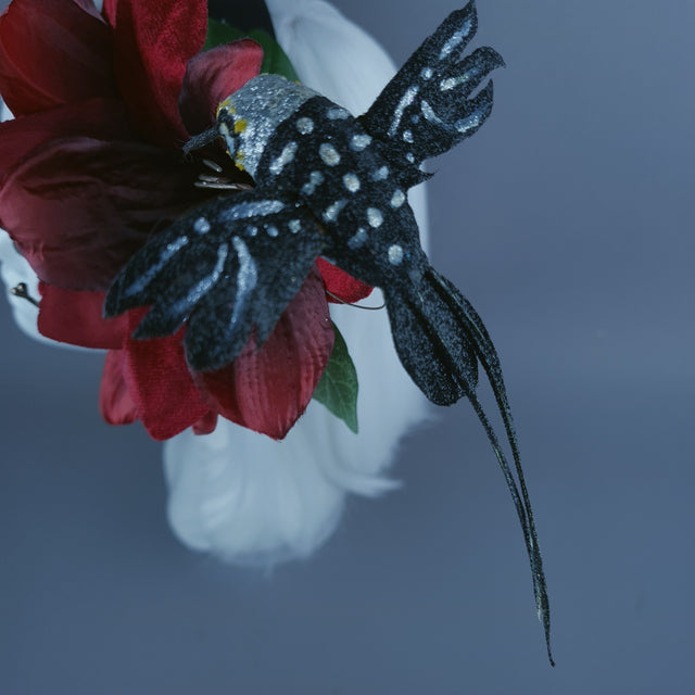 "Ascelin" Black Hummingbird & Red Flower Headdress