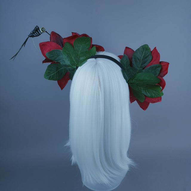 "Ascelin" Black Hummingbird & Red Flower Headdress