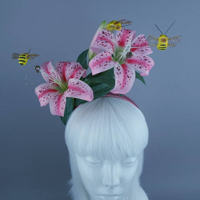 "Ambrosia" Bright Pink Lily & Bees Headdress