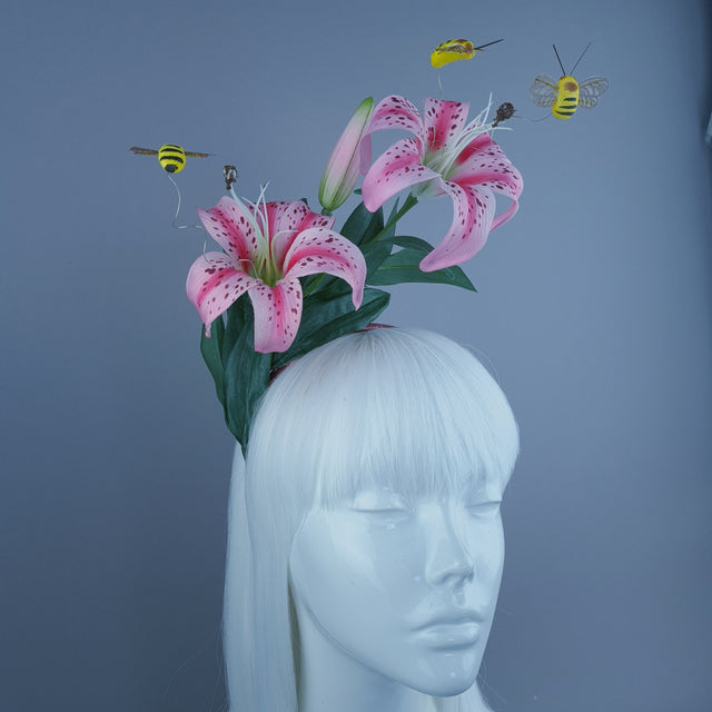 "Ambrosia" Bright Pink Lily & Bees Headdress