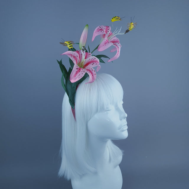 "Ambrosia" Bright Pink Lily & Bees Headdress