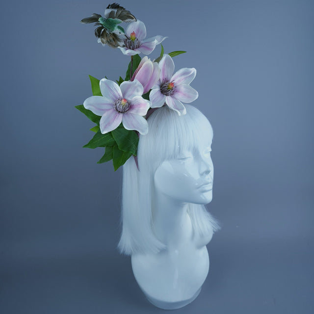 "Mari" Pink Flowers & Hummingbird Headdress