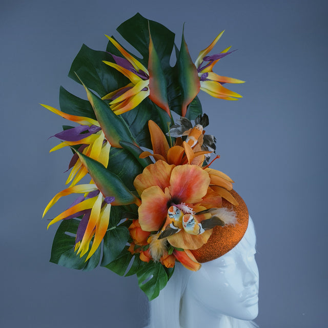"Paradise" Tropical Orange Flower & Birds Fascinator Hat Headdress