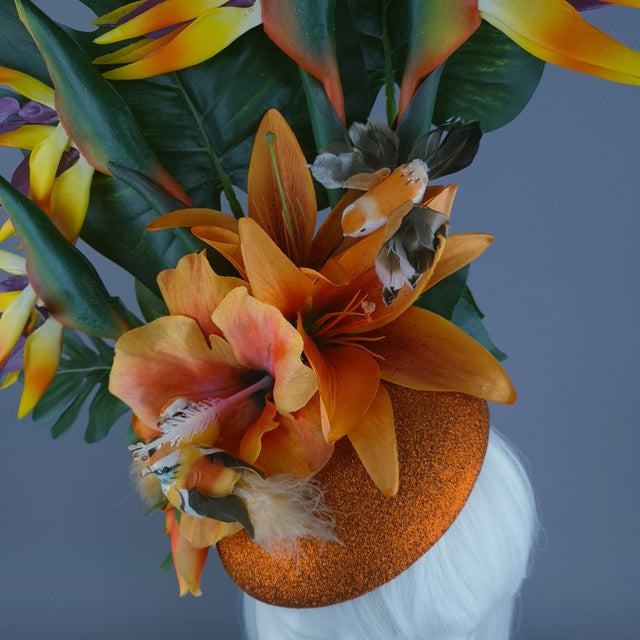 "Paradise" Tropical Orange Flower & Birds Fascinator Hat Headdress
