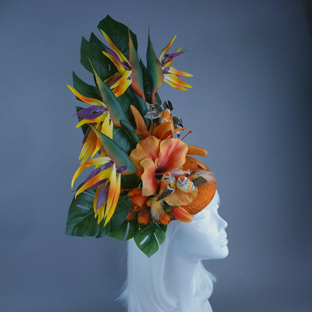 "Paradise" Tropical Orange Flower & Birds Fascinator Hat Headdress