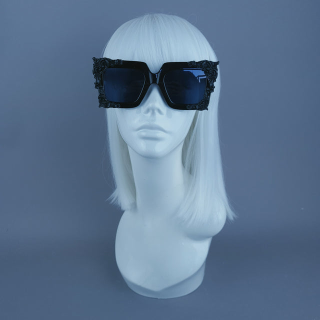 "Dram" Black Filigree Unisex Square Sunglasses