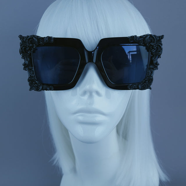 "Dram" Black Filigree Unisex Square Sunglasses