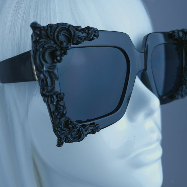"Dram" Black Filigree Unisex Square Sunglasses