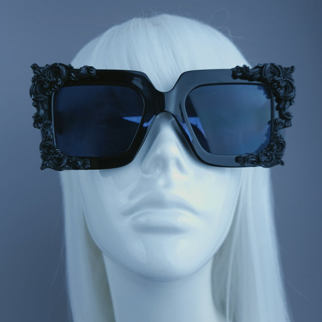 "Dram" Black Filigree Unisex Square Sunglasses