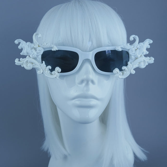 "Hades" White Filigree Unisex Square Sunglasses