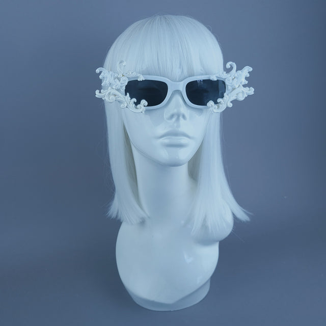 "Hades" White Filigree Unisex Square Sunglasses