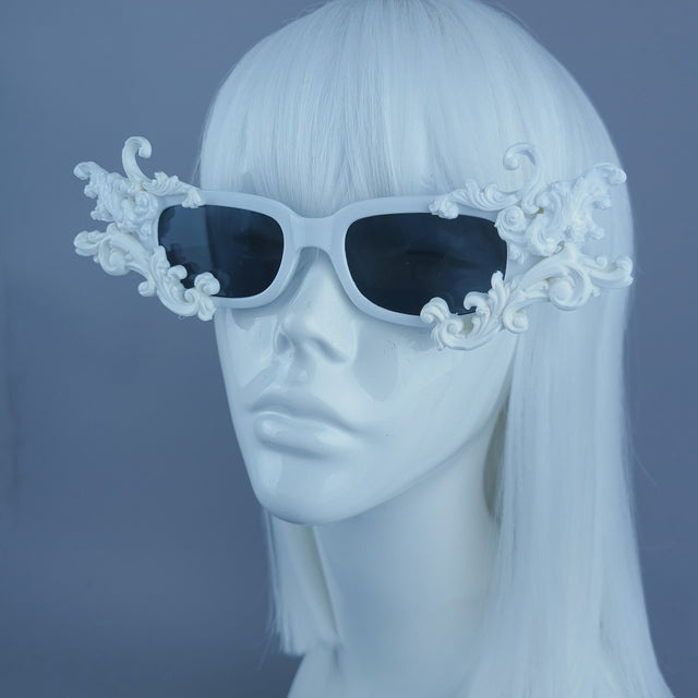 "Hades" White Filigree Unisex Square Sunglasses