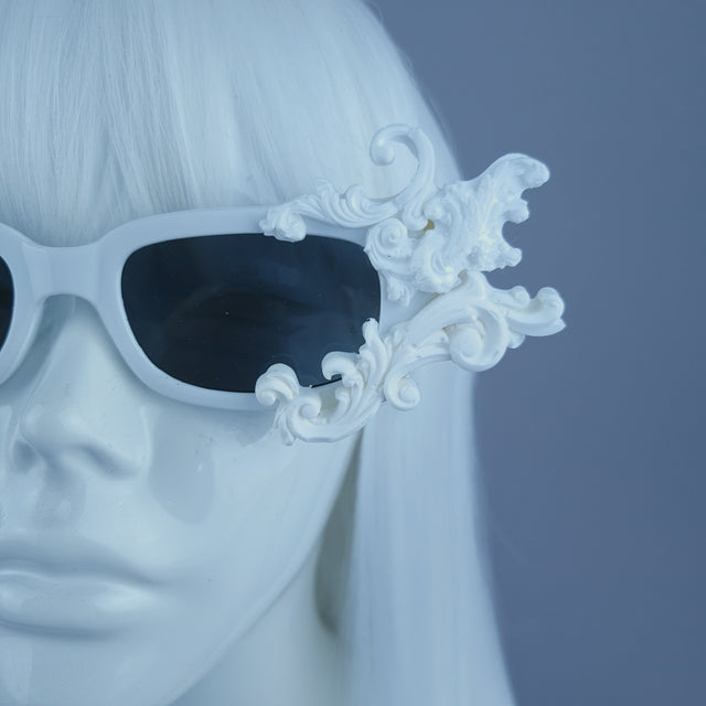 "Hades" White Filigree Unisex Square Sunglasses