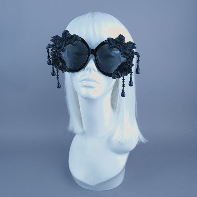 "Perseus" Black Cherub & Beading Oversized Round Sunglasses