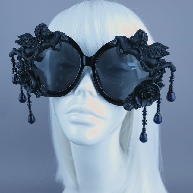 "Perseus" Black Cherub & Beading Oversized Round Sunglasses