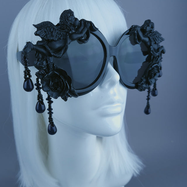 "Perseus" Black Cherub & Beading Oversized Round Sunglasses