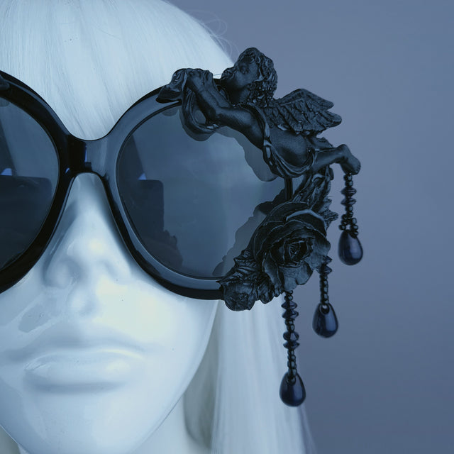 "Perseus" Black Cherub & Beading Oversized Round Sunglasses