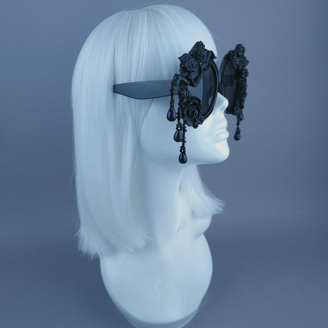 "Perseus" Black Cherub & Beading Oversized Round Sunglasses