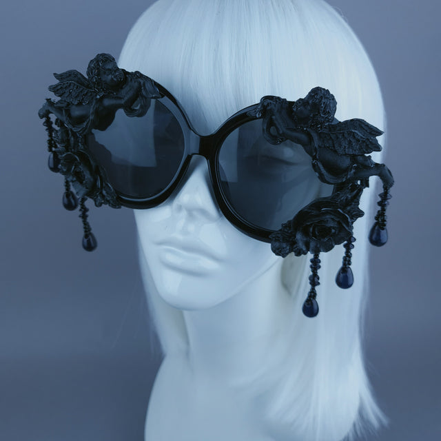 "Perseus" Black Cherub & Beading Oversized Round Sunglasses