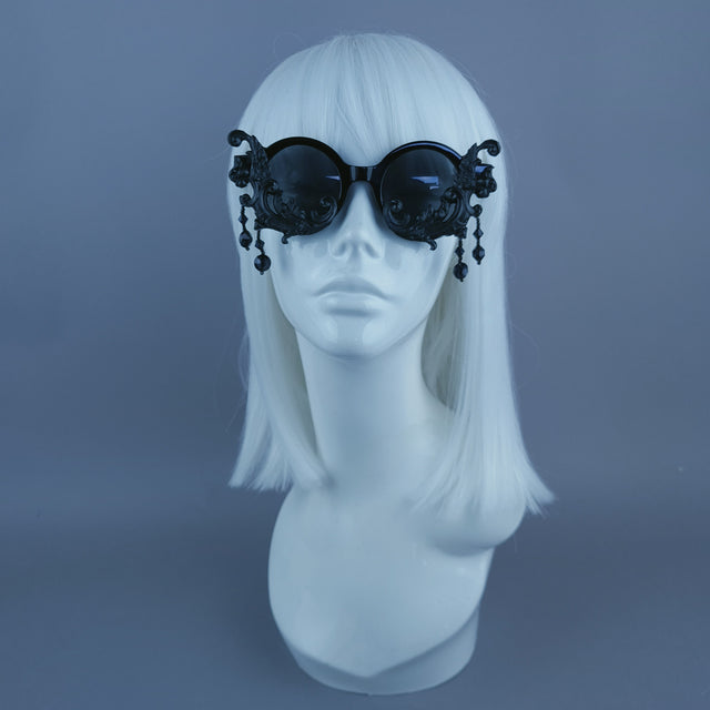 "Dracul" Small Black Filigree & Beading Round Sunglasses