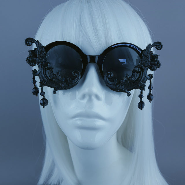 "Dracul" Small Black Filigree & Beading Round Sunglasses