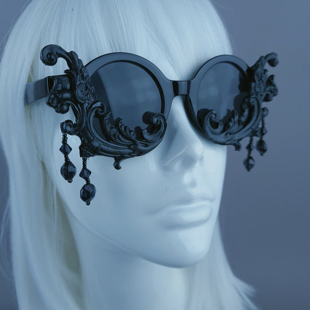 "Dracul" Small Black Filigree & Beading Round Sunglasses