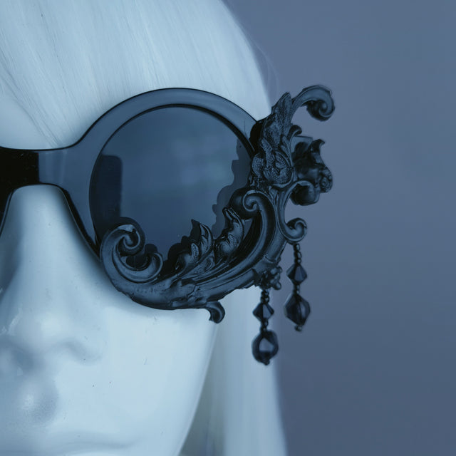 "Dracul" Small Black Filigree & Beading Round Sunglasses