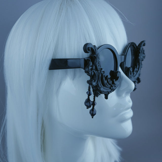"Dracul" Small Black Filigree & Beading Round Sunglasses
